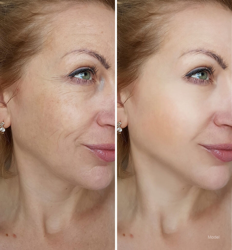 A woman before and after comprehensive facial rejuvenation.